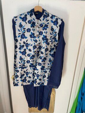 beautiful blue and silver silk nehru jacket and matching kurta set